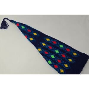 Vintage Jester Winter Stocking Cap Beanie Geometric Navy Yellow Red Green 22" L